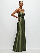 Side View Thumbnail - Olive Green Strapless Cat-Eye Draped Bodice Satin Tumpet Dress