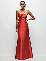 Front View Thumbnail - Poppy Red Strapless Cat-Eye Draped Bodice Satin Trumpet Dress