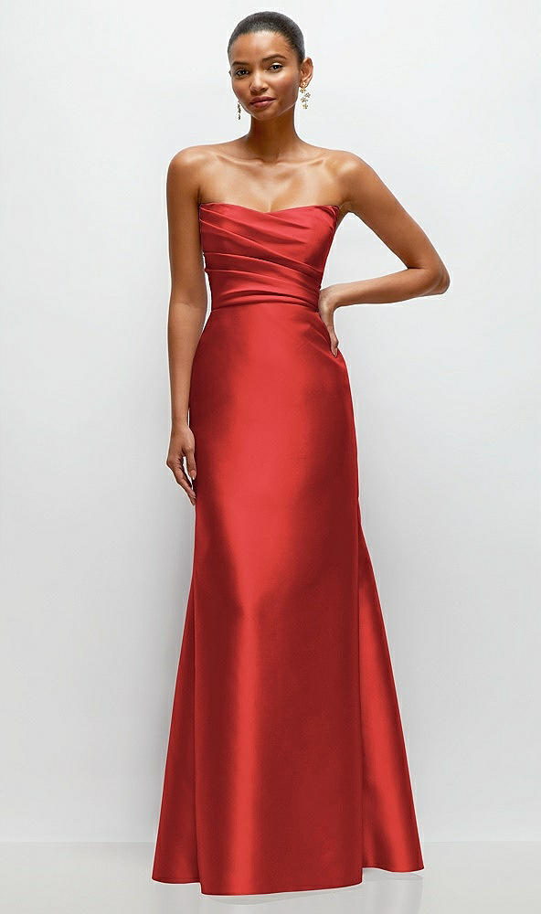 Front View - Poppy Red Strapless Cat-Eye Draped Bodice Satin Trumpet Dress