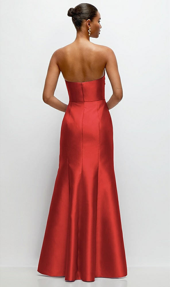 Back View - Poppy Red Strapless Cat-Eye Draped Bodice Satin Trumpet Dress