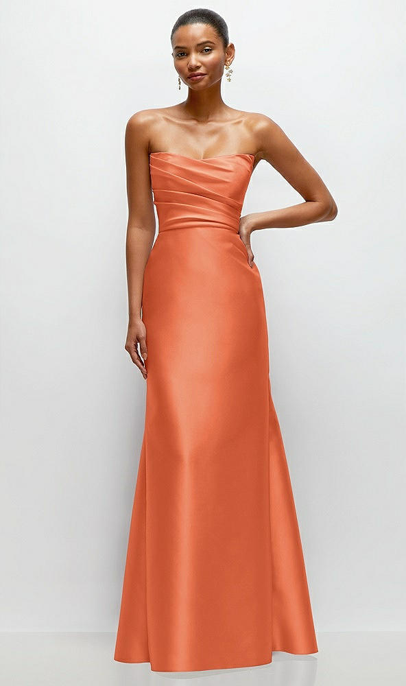 Front View - Portofino Orange Strapless Cat-Eye Draped Bodice Satin Tumpet Dress