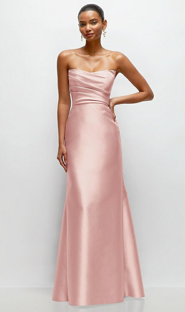 Front View - Rose Strapless Cat-Eye Draped Bodice Satin Tumpet Dress