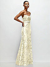 Side View Thumbnail - Butter Yellow Floral Strapless Cat-Eye Draped Bodice Floral Satin Tumpet Dress