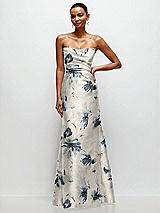 Front View Thumbnail - Inkwash Blue Floral Strapless Cat-Eye Draped Bodice Floral Satin Tumpet Dress