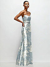 Side View Thumbnail - Porcelain Blue Seraphina Floral Strapless Cat-Eye Draped Bodice Floral Satin Tumpet Dress