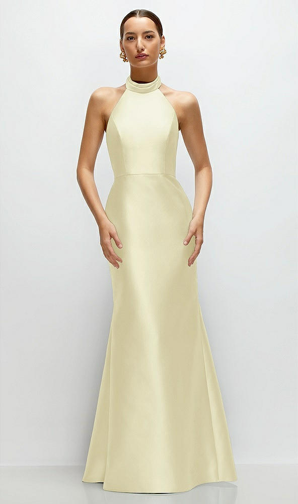 Front View - Butter Yellow High-Neck Halter Open-Back Satin Trumpet Dress