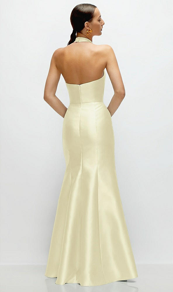 Back View - Butter Yellow High-Neck Halter Open-Back Satin Trumpet Dress