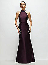 Front View Thumbnail - Deep Plum High-Neck Halter Open-Back Satin Trumpet Dress 