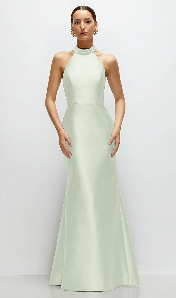 Front View - Mint Green High-Neck Halter Open-Back Satin Trumpet Dress 