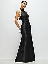 Side View Thumbnail - Black High-Neck Halter Open-Back Satin Trumpet Dress