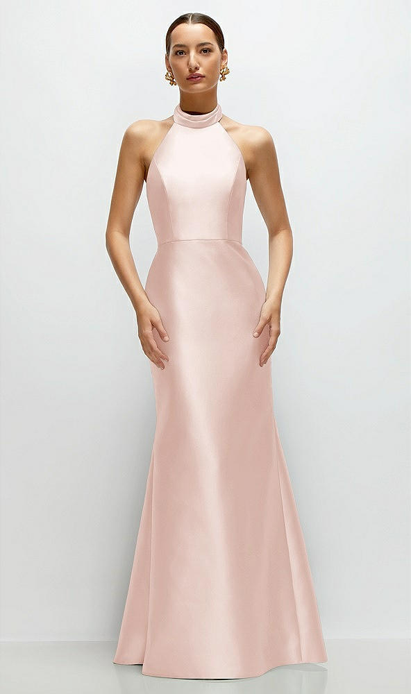 Front View - Blush High-Neck Halter Open-Back Satin Trumpet Dress