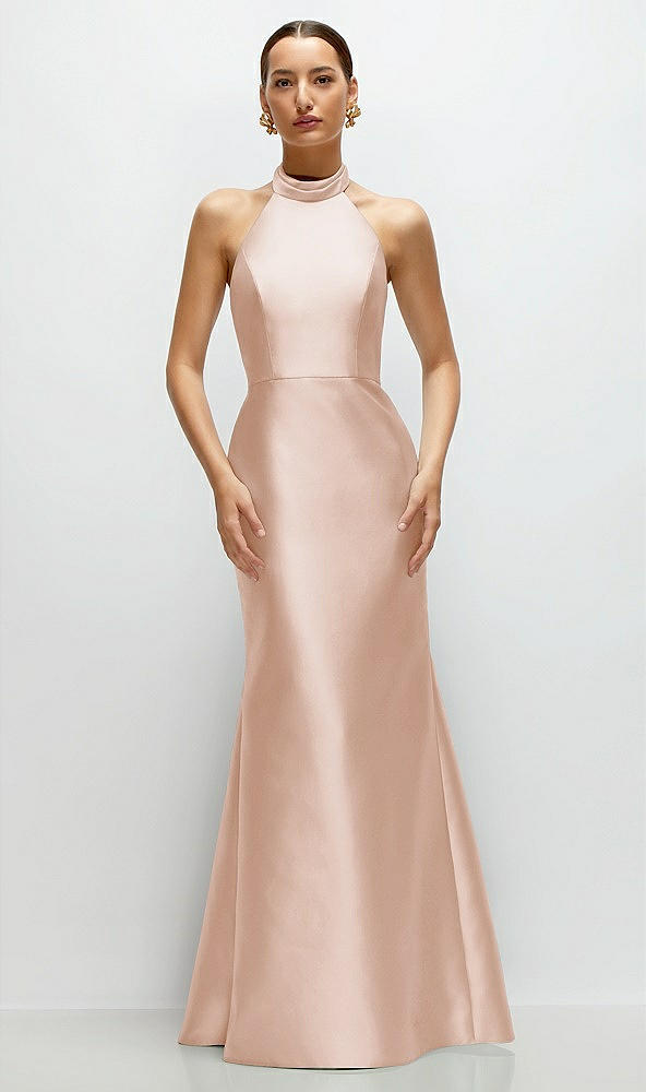 Front View - Cameo High-Neck Halter Open-Back Satin Trumpet Dress