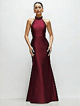 Front View Thumbnail - Cabernet High-Neck Halter Open-Back Satin Trumpet Dress
