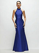 Front View Thumbnail - Cobalt Blue High-Neck Halter Open-Back Satin Trumpet Dress