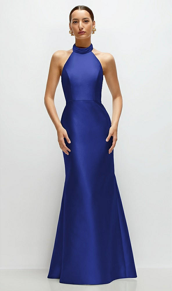 Front View - Cobalt Blue High-Neck Halter Open-Back Satin Trumpet Dress
