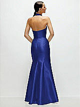 Rear View Thumbnail - Cobalt Blue High-Neck Halter Open-Back Satin Trumpet Dress