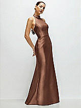 Side View Thumbnail - Cognac High-Neck Halter Open-Back Satin Trumpet Dress