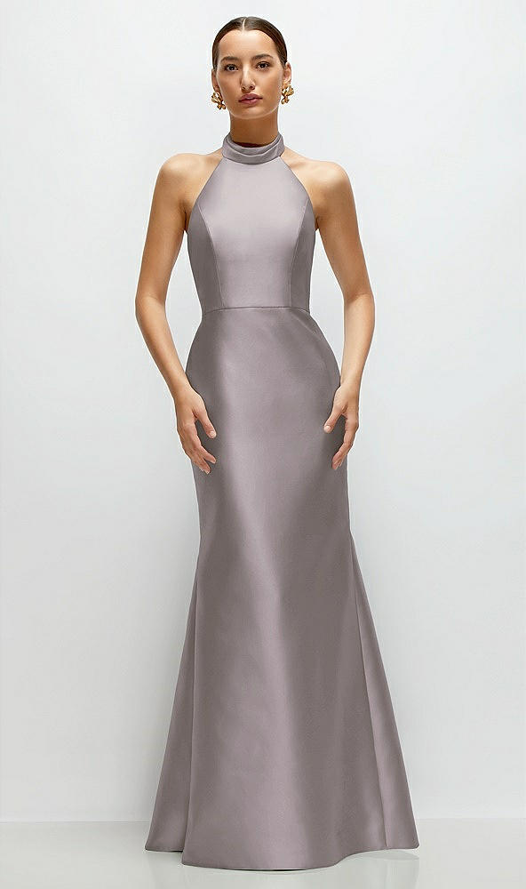 Front View - Cashmere Gray High-Neck Halter Open-Back Satin Trumpet Dress