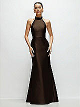 Front View Thumbnail - Espresso High-Neck Halter Open-Back Satin Trumpet Dress