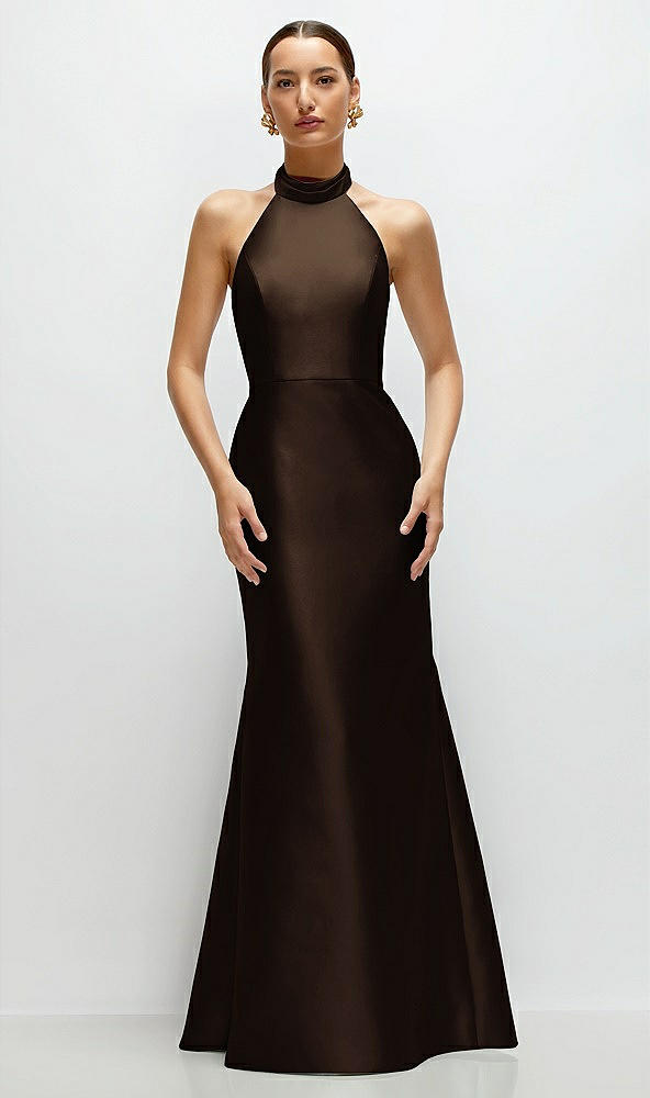 Front View - Espresso High-Neck Halter Open-Back Satin Trumpet Dress