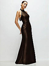 Side View Thumbnail - Espresso High-Neck Halter Open-Back Satin Trumpet Dress