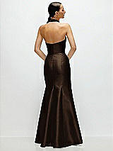 Rear View Thumbnail - Espresso High-Neck Halter Open-Back Satin Trumpet Dress