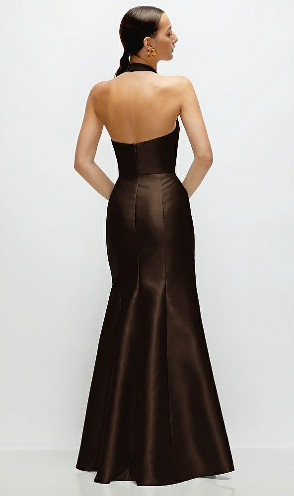 Back View - Espresso High-Neck Halter Open-Back Satin Trumpet Dress