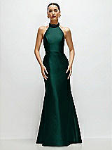 Front View Thumbnail - Evergreen High-Neck Halter Open-Back Satin Trumpet Dress