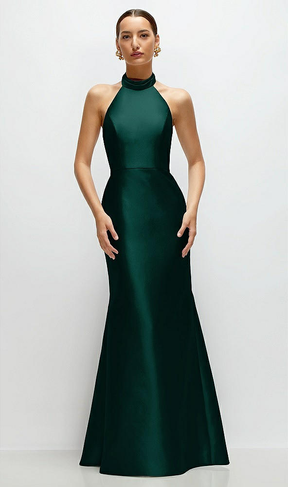 Front View - Evergreen High-Neck Halter Open-Back Satin Trumpet Dress