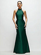 Front View Thumbnail - Hunter Green High-Neck Halter Open-Back Satin Trumpet Dress