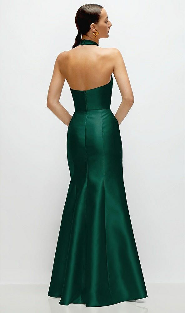 Back View - Hunter Green High-Neck Halter Open-Back Satin Trumpet Dress