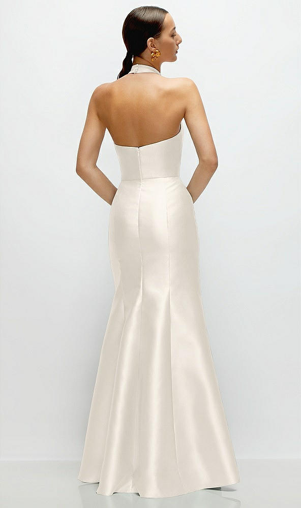 Back View - Ivory High-Neck Halter Open-Back Satin Trumpet Dress