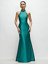 Front View Thumbnail - Jade High-Neck Halter Open-Back Satin Trumpet Dress