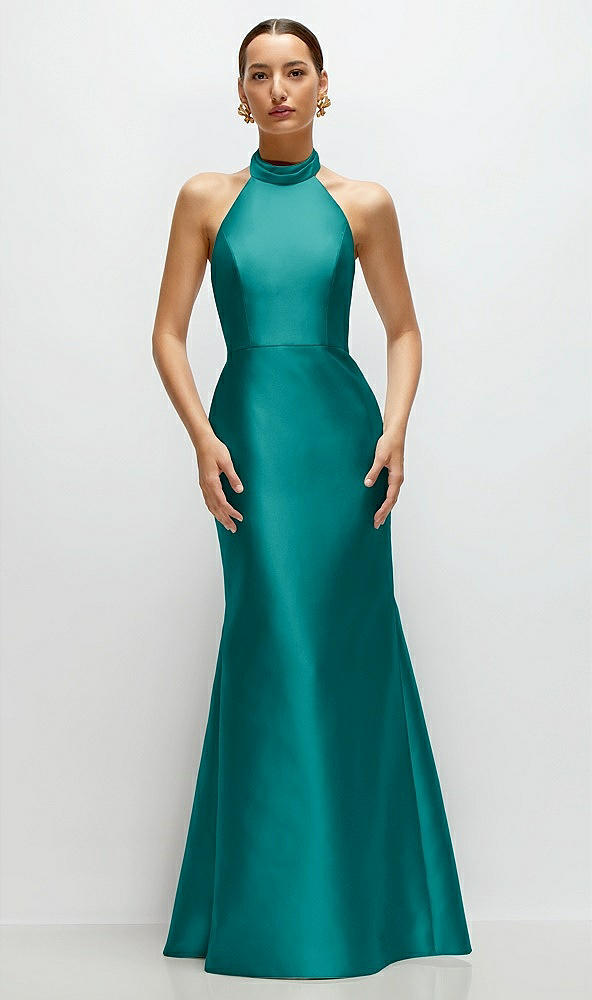 Front View - Jade High-Neck Halter Open-Back Satin Trumpet Dress