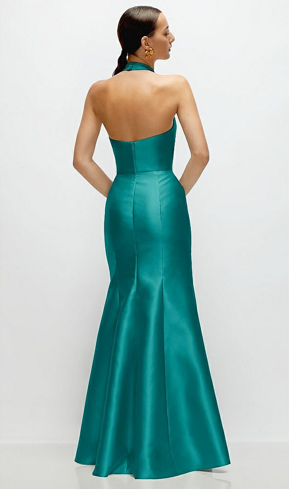Back View - Jade High-Neck Halter Open-Back Satin Trumpet Dress