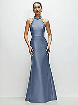 Front View Thumbnail - Larkspur Blue High-Neck Halter Open-Back Satin Trumpet Dress