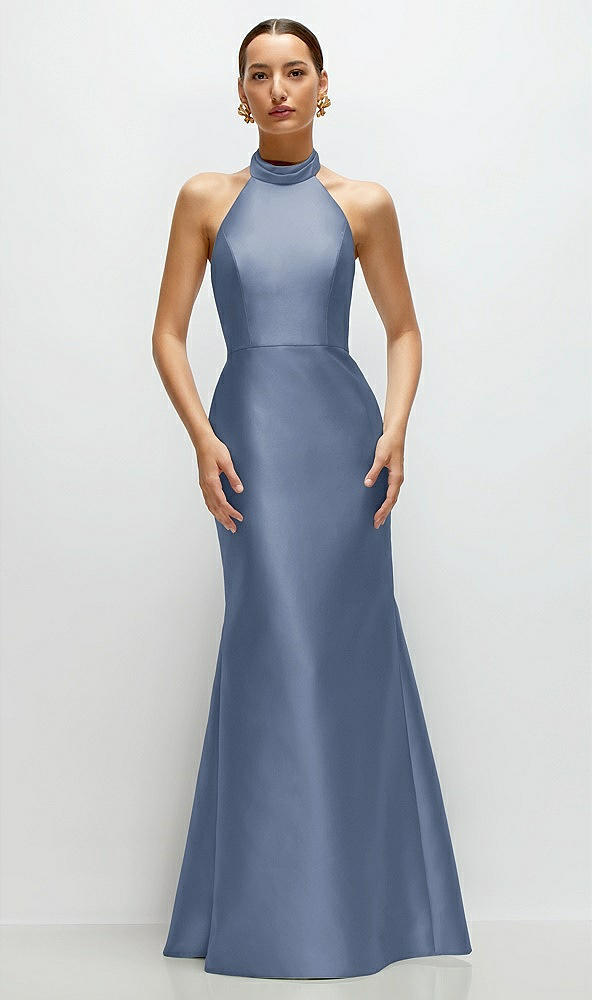 Front View - Larkspur Blue High-Neck Halter Open-Back Satin Trumpet Dress