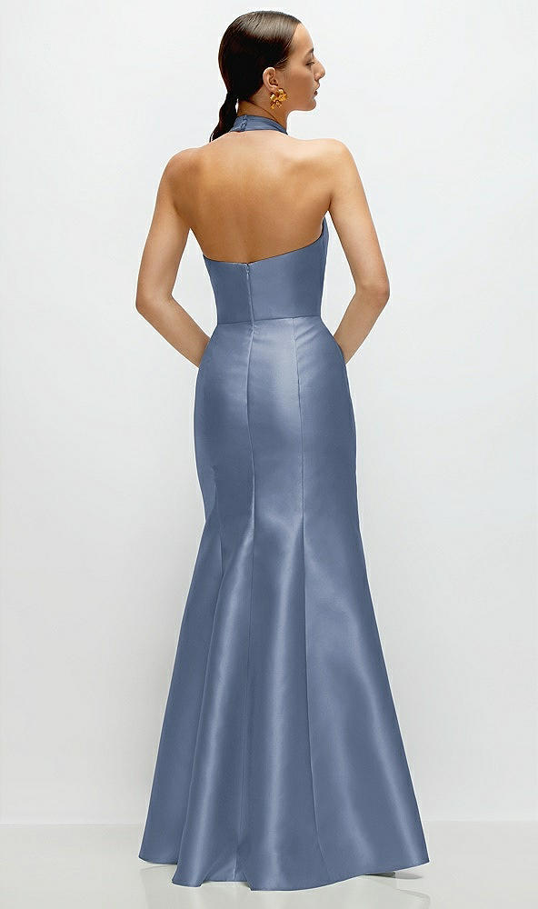 Back View - Larkspur Blue High-Neck Halter Open-Back Satin Trumpet Dress