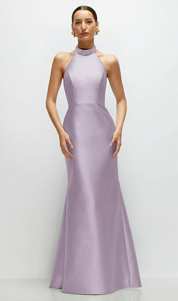 Front View - Lilac Haze High-Neck Halter Open-Back Satin Trumpet Dress