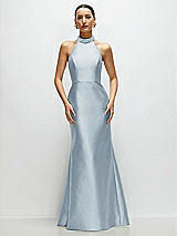 Front View Thumbnail - Mist High-Neck Halter Open-Back Satin Trumpet Dress