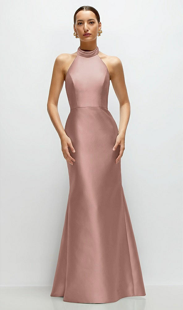 Front View - Neu Nude High-Neck Halter Open-Back Satin Trumpet Dress
