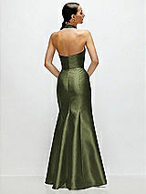 Rear View Thumbnail - Olive Green High-Neck Halter Open-Back Satin Trumpet Dress 