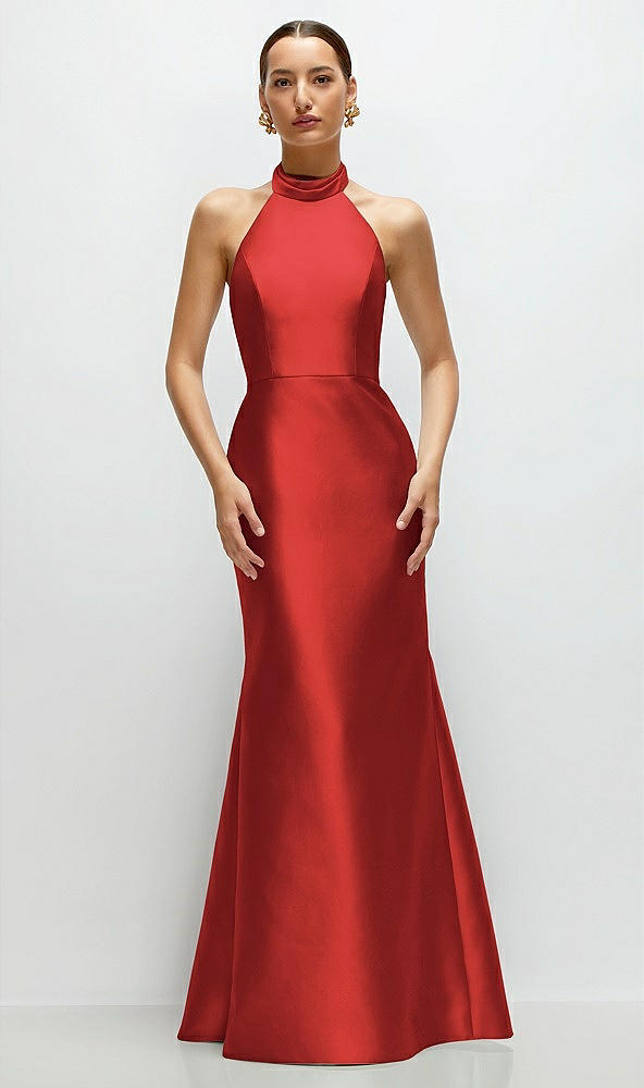 Front View - Poppy Red High-Neck Halter Open-Back Satin Trumpet Dress