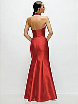 Rear View Thumbnail - Poppy Red High-Neck Halter Open-Back Satin Trumpet Dress