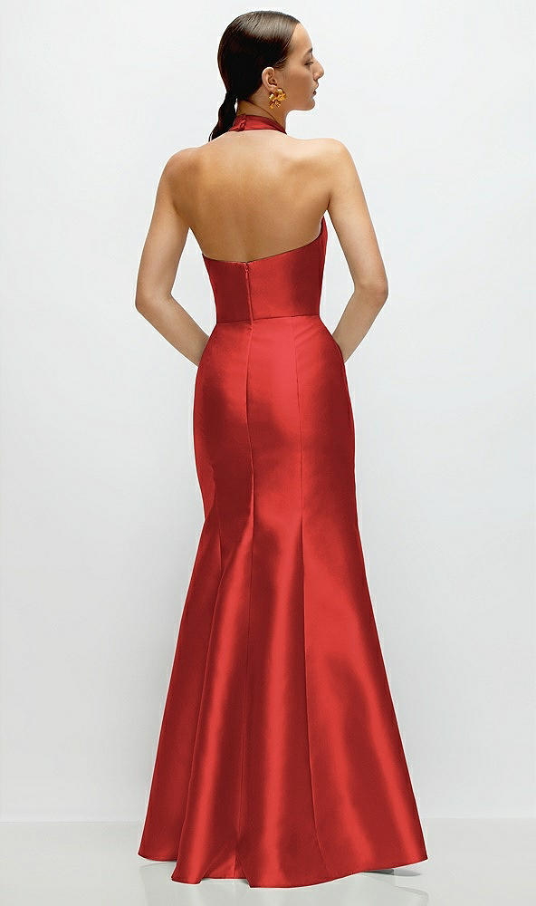 Back View - Poppy Red High-Neck Halter Open-Back Satin Trumpet Dress