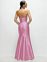 Rear View Thumbnail - Powder Pink High-Neck Halter Open-Back Satin Trumpet Dress