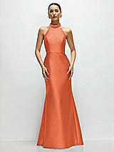Front View Thumbnail - Portofino Orange High-Neck Halter Open-Back Satin Trumpet Dress