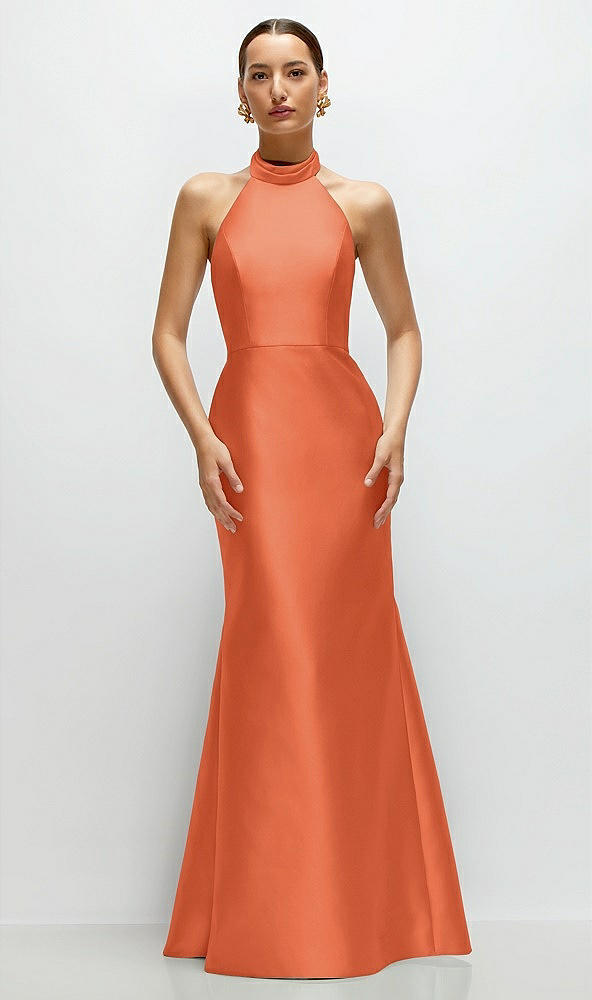 Front View - Portofino Orange High-Neck Halter Open-Back Satin Trumpet Dress