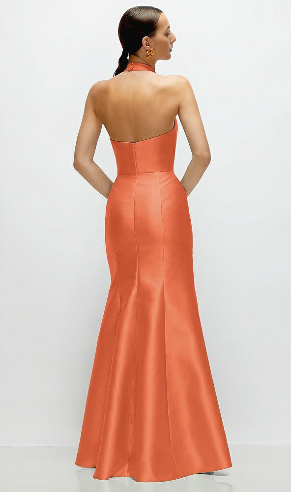 Back View - Portofino Orange High-Neck Halter Open-Back Satin Trumpet Dress