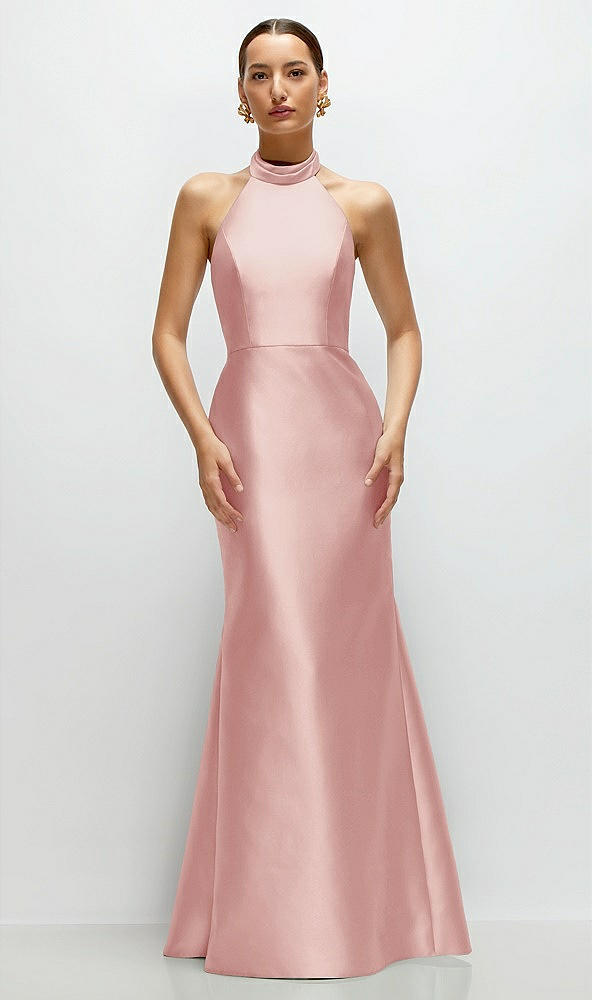 Front View - Rose High-Neck Halter Open-Back Satin Trumpet Dress